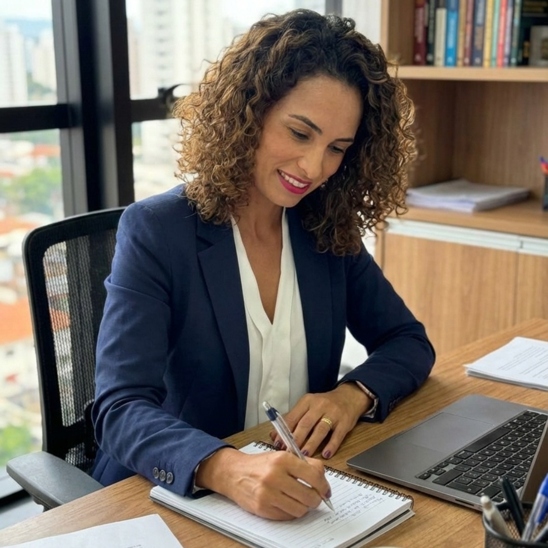 Cíntia Dantas no ambiente de trabalho